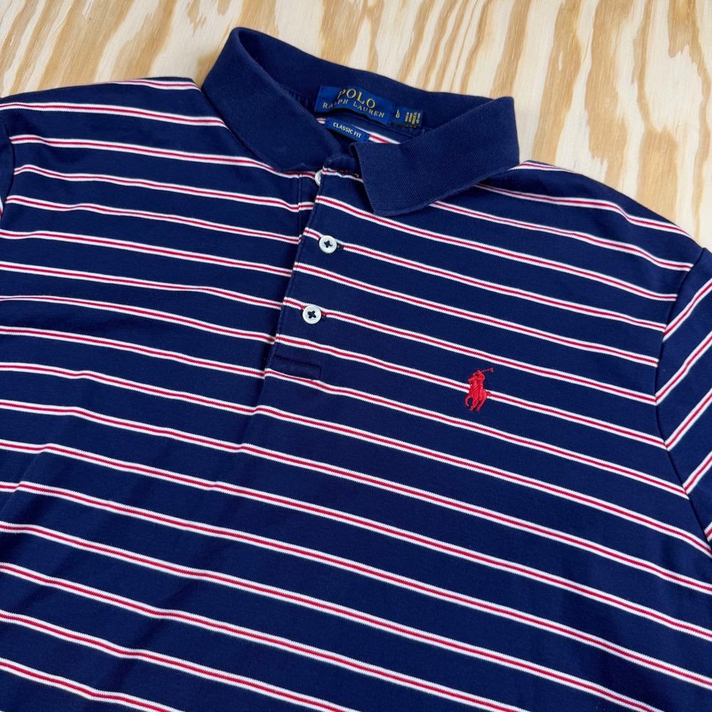 Polo Ralph Lauren Mens Large Classic Fit Navy Blue Red White Striped Polo Shirt